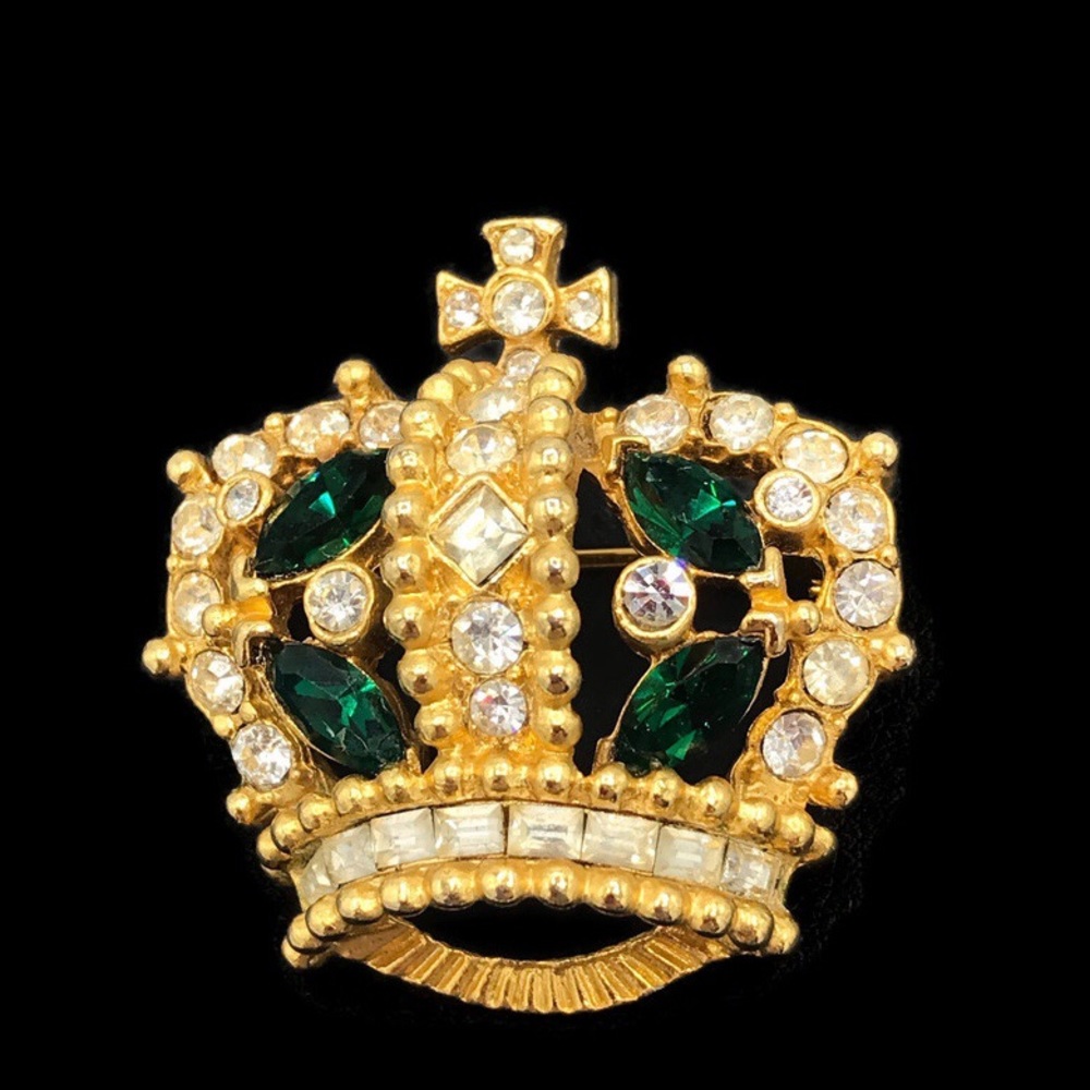 Bellini Vintage Crown Emerald Green & Clear Rhinestone Brooch Pin